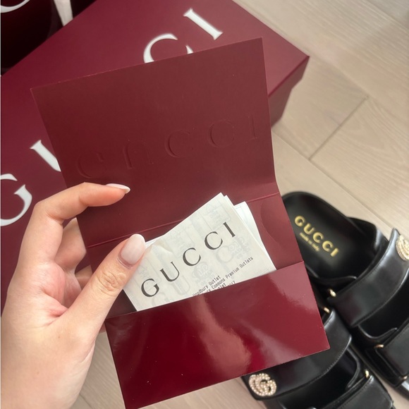 Gucci Black Leather Double-Strap Slide Sandals with Crystal GG Accents - Picture 4 of 7